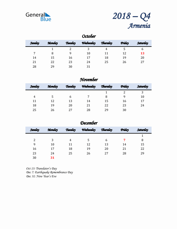 October, November, and December Calendar for Armenia with Sunday Start