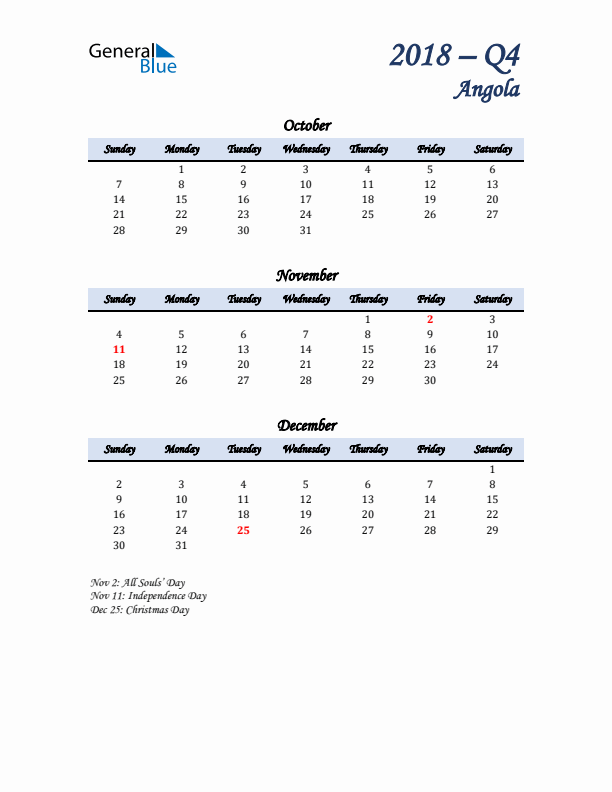 October, November, and December Calendar for Angola with Sunday Start