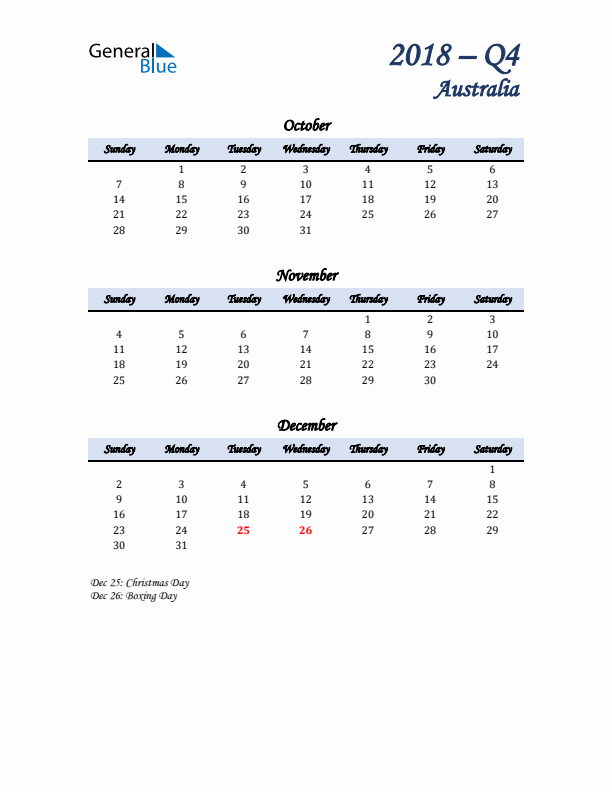 October, November, and December Calendar for Australia with Sunday Start