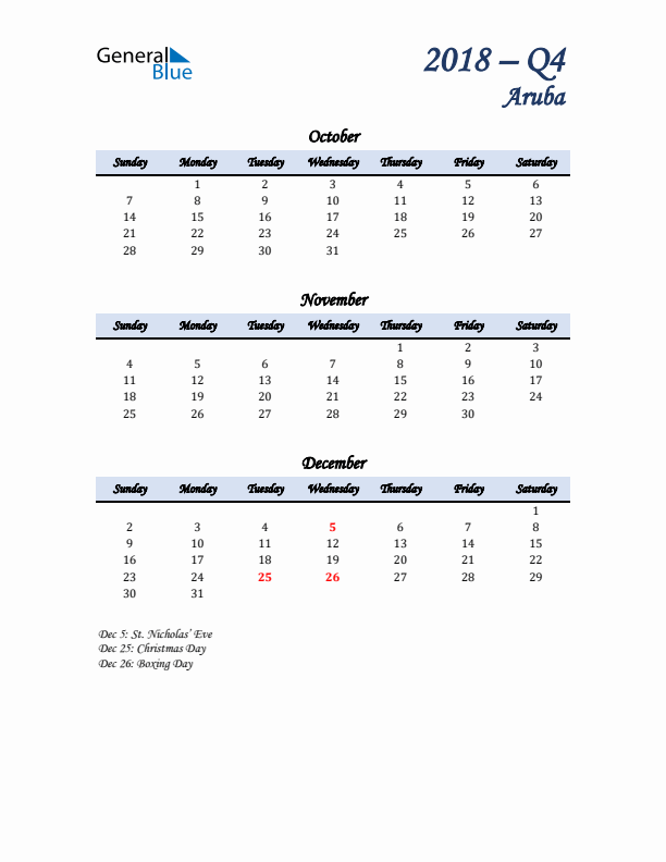 October, November, and December Calendar for Aruba with Sunday Start