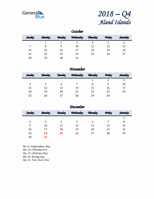 October, November, and December Calendar for Aland Islands with Sunday Start