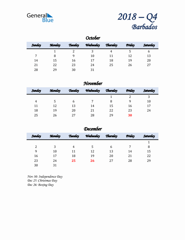 October, November, and December Calendar for Barbados with Sunday Start