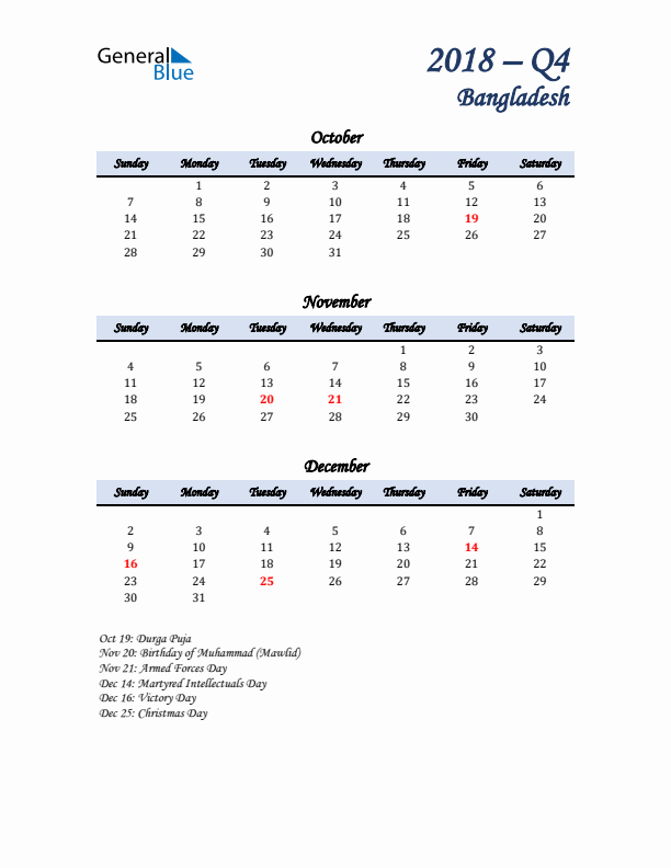 October, November, and December Calendar for Bangladesh with Sunday Start