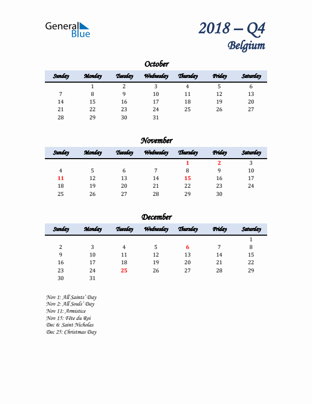 October, November, and December Calendar for Belgium with Sunday Start