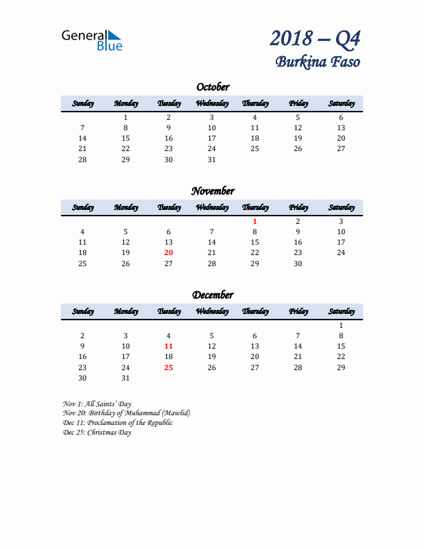 October, November, and December Calendar for Burkina Faso with Sunday Start