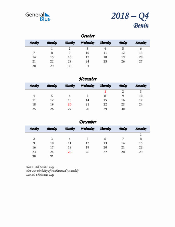 October, November, and December Calendar for Benin with Sunday Start