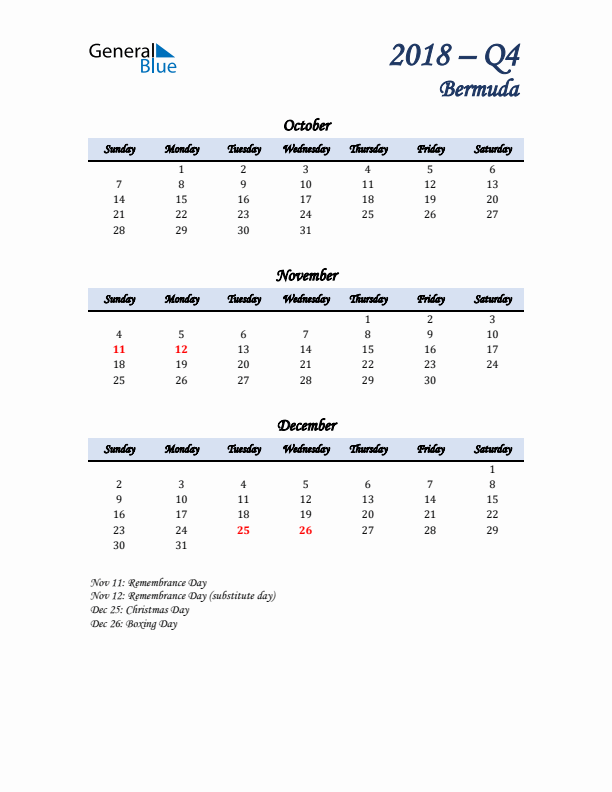 October, November, and December Calendar for Bermuda with Sunday Start