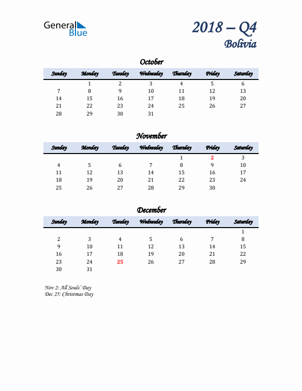 October, November, and December Calendar for Bolivia with Sunday Start