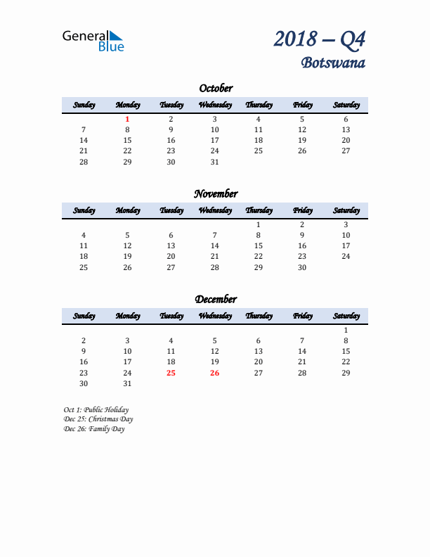 October, November, and December Calendar for Botswana with Sunday Start