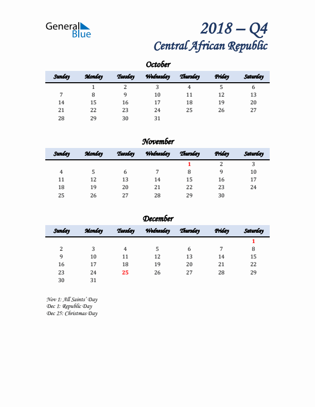 October, November, and December Calendar for Central African Republic with Sunday Start