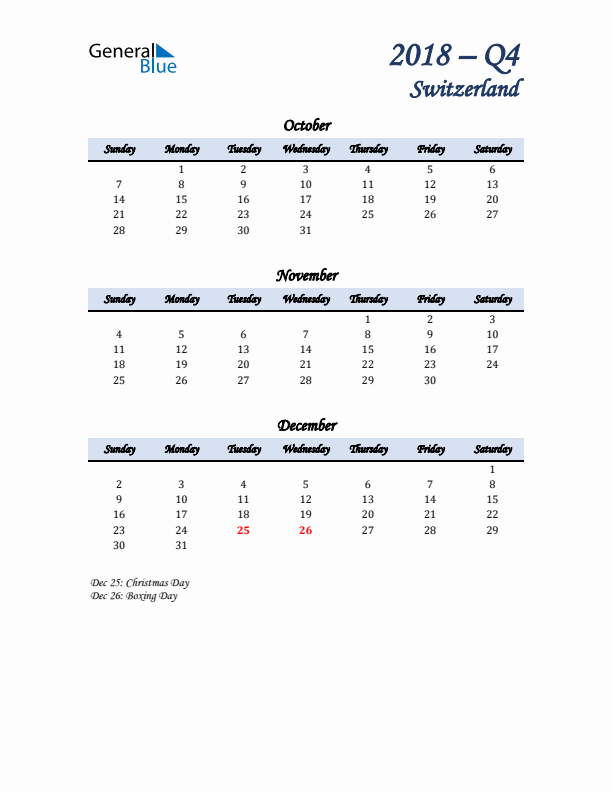 October, November, and December Calendar for Switzerland with Sunday Start