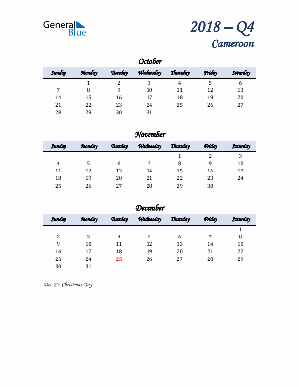 October, November, and December Calendar for Cameroon with Sunday Start