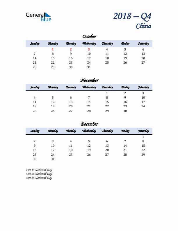 October, November, and December Calendar for China with Sunday Start