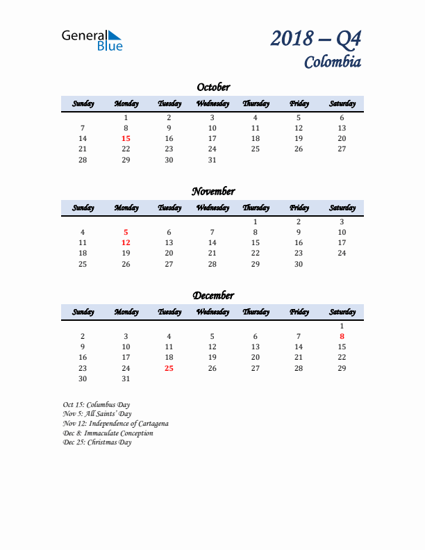 October, November, and December Calendar for Colombia with Sunday Start