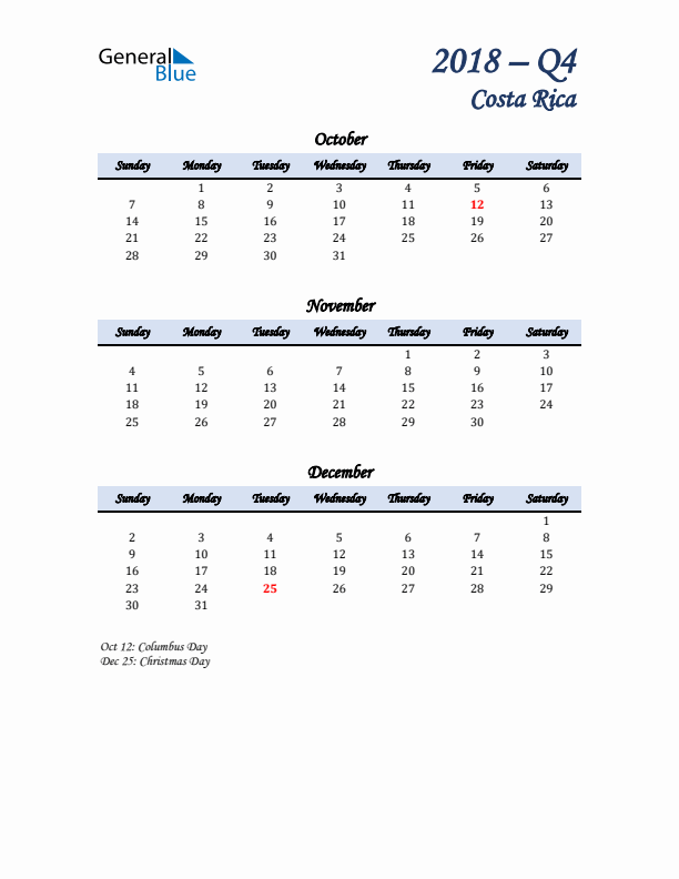 October, November, and December Calendar for Costa Rica with Sunday Start