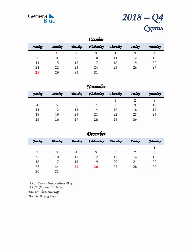 October, November, and December Calendar for Cyprus with Sunday Start