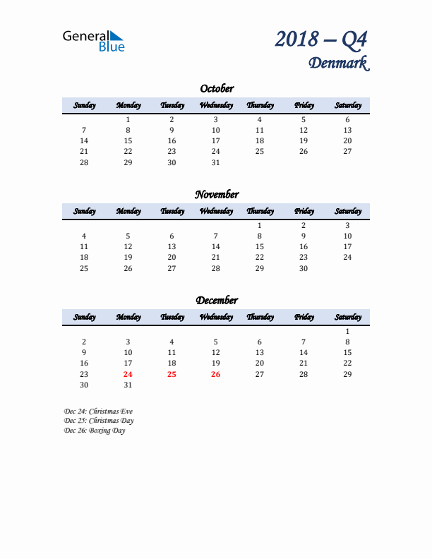 October, November, and December Calendar for Denmark with Sunday Start