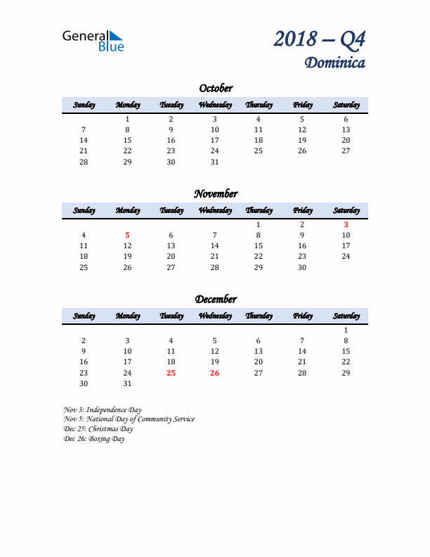 October, November, and December Calendar for Dominica with Sunday Start