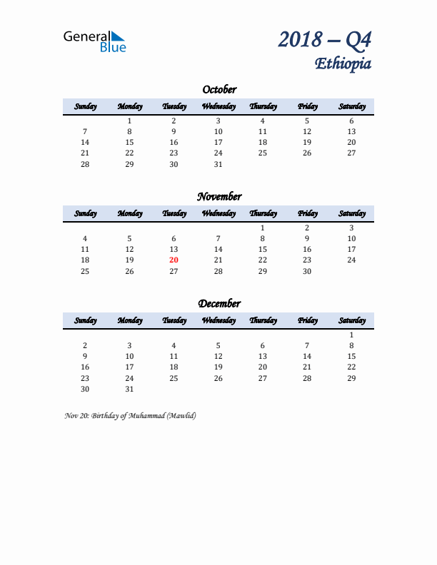 October, November, and December Calendar for Ethiopia with Sunday Start