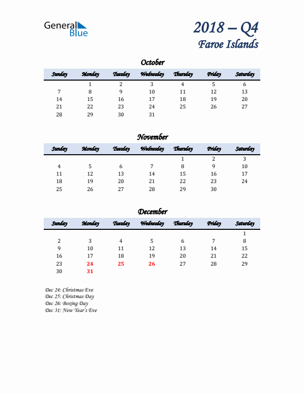 October, November, and December Calendar for Faroe Islands with Sunday Start