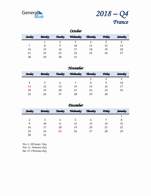 October, November, and December Calendar for France with Sunday Start