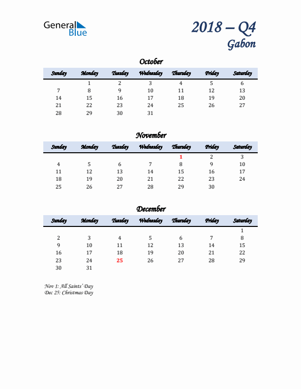 October, November, and December Calendar for Gabon with Sunday Start