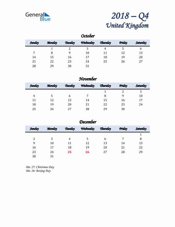 October, November, and December Calendar for United Kingdom with Sunday Start