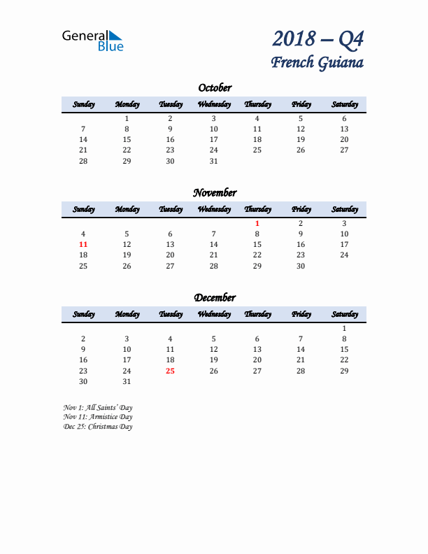 October, November, and December Calendar for French Guiana with Sunday Start