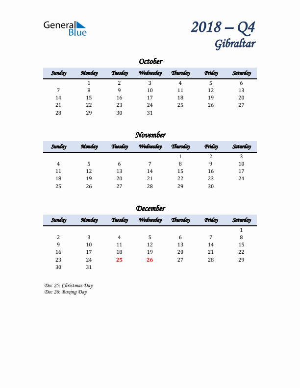 October, November, and December Calendar for Gibraltar with Sunday Start