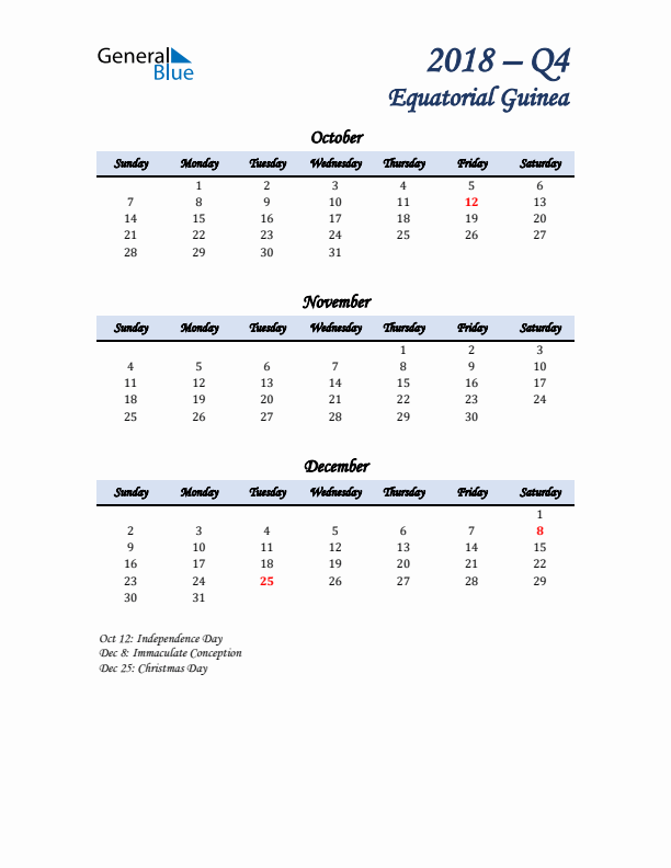 October, November, and December Calendar for Equatorial Guinea with Sunday Start