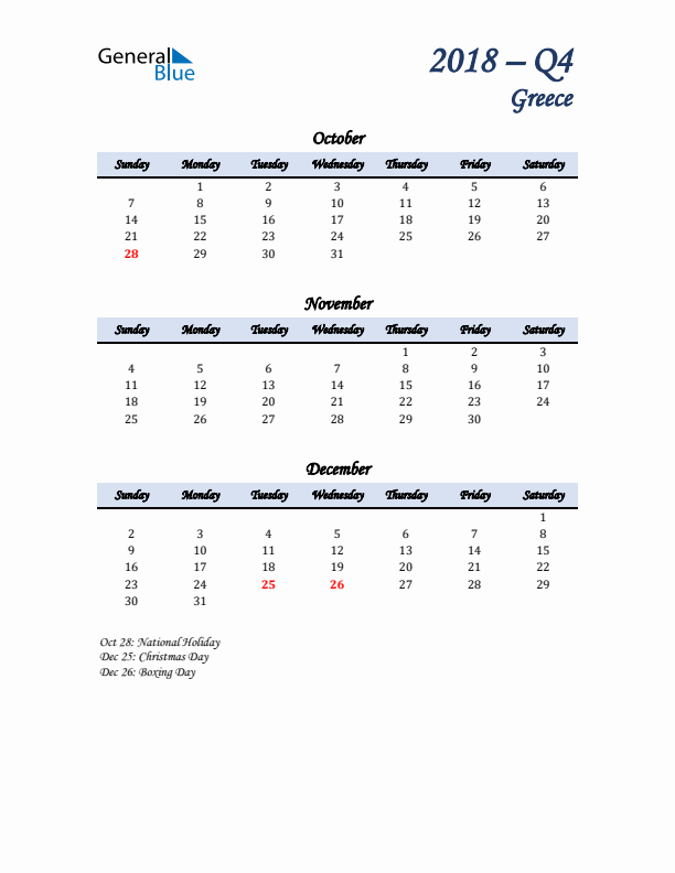 October, November, and December Calendar for Greece with Sunday Start