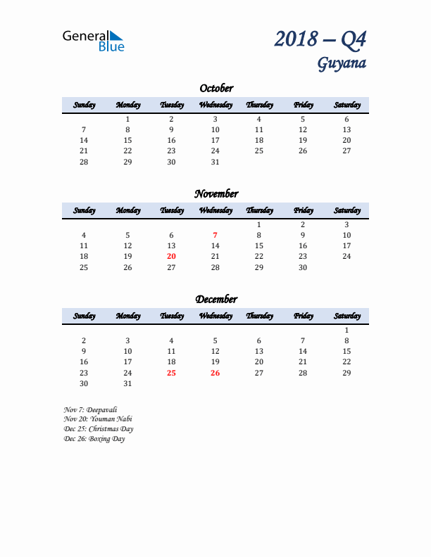 October, November, and December Calendar for Guyana with Sunday Start