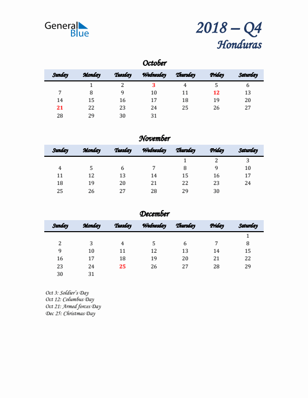 October, November, and December Calendar for Honduras with Sunday Start