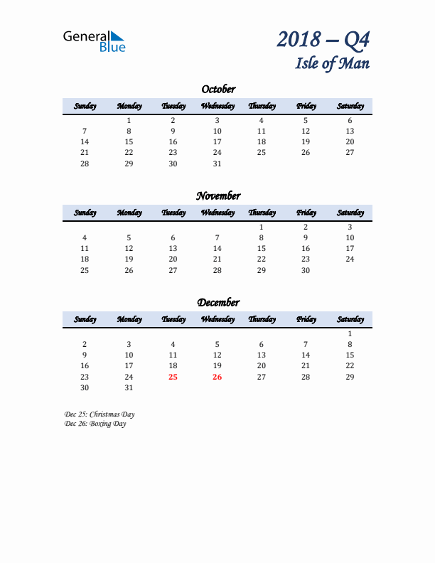 October, November, and December Calendar for Isle of Man with Sunday Start