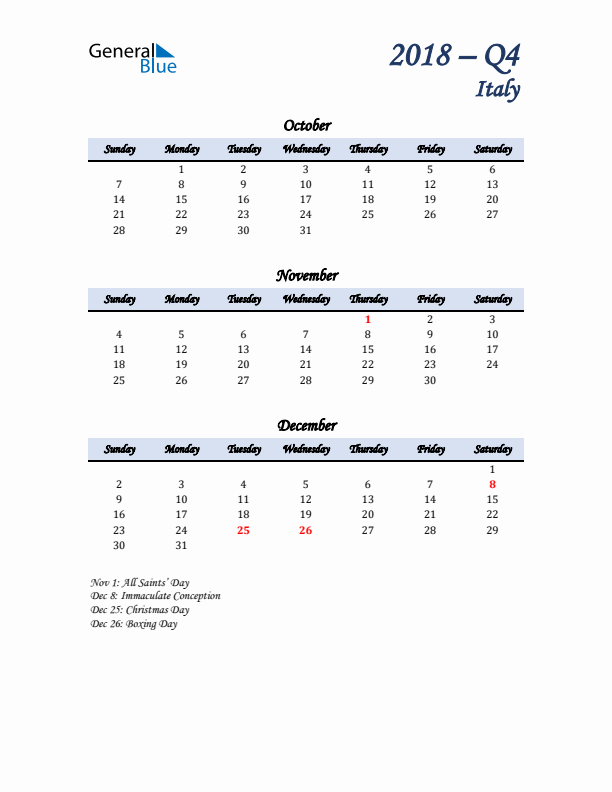 October, November, and December Calendar for Italy with Sunday Start