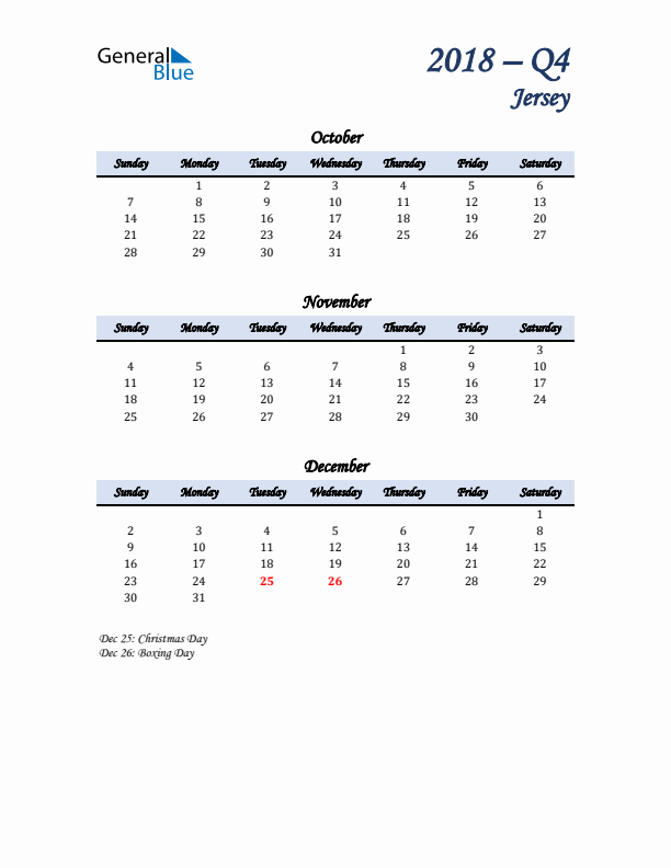 October, November, and December Calendar for Jersey with Sunday Start