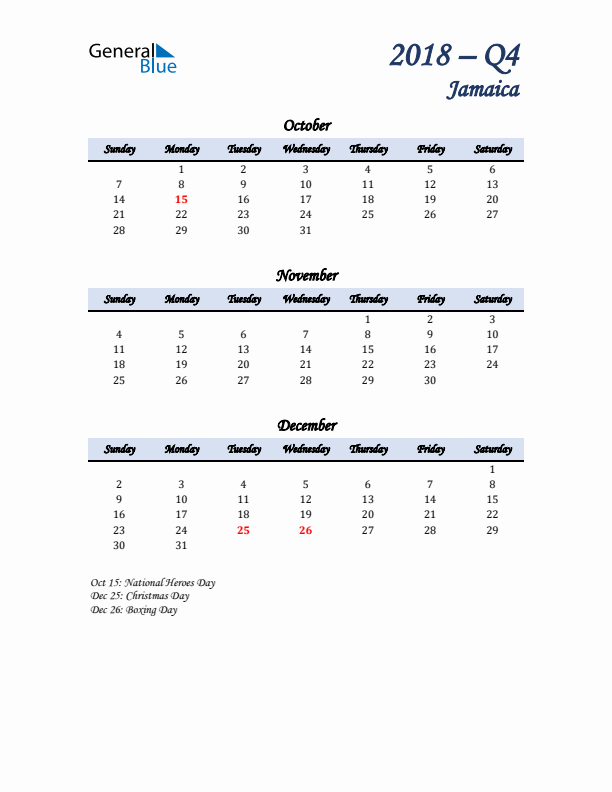 October, November, and December Calendar for Jamaica with Sunday Start