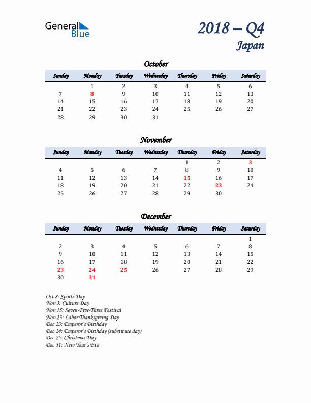 October, November, and December Calendar for Japan with Sunday Start