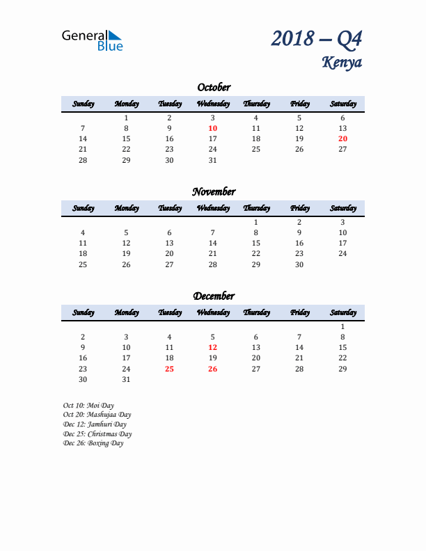 October, November, and December Calendar for Kenya with Sunday Start