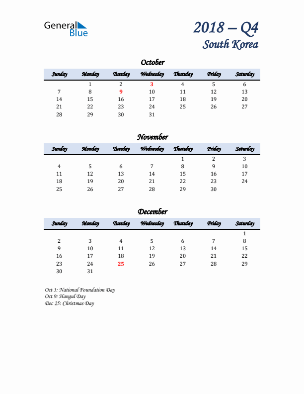 October, November, and December Calendar for South Korea with Sunday Start