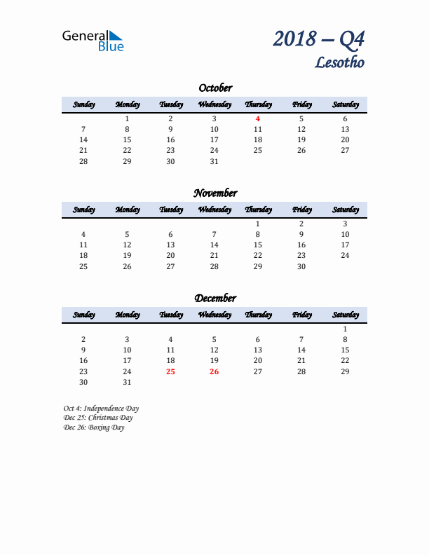 October, November, and December Calendar for Lesotho with Sunday Start