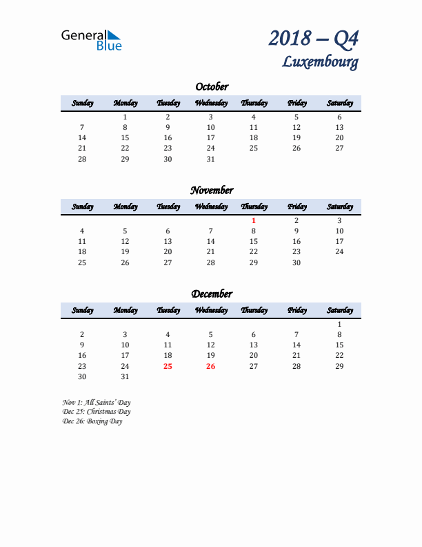 October, November, and December Calendar for Luxembourg with Sunday Start