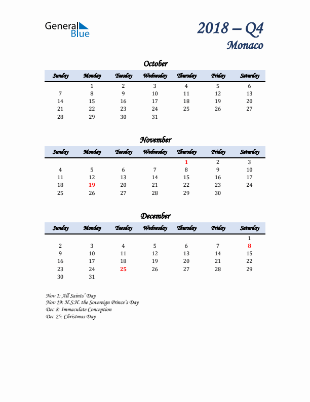 October, November, and December Calendar for Monaco with Sunday Start