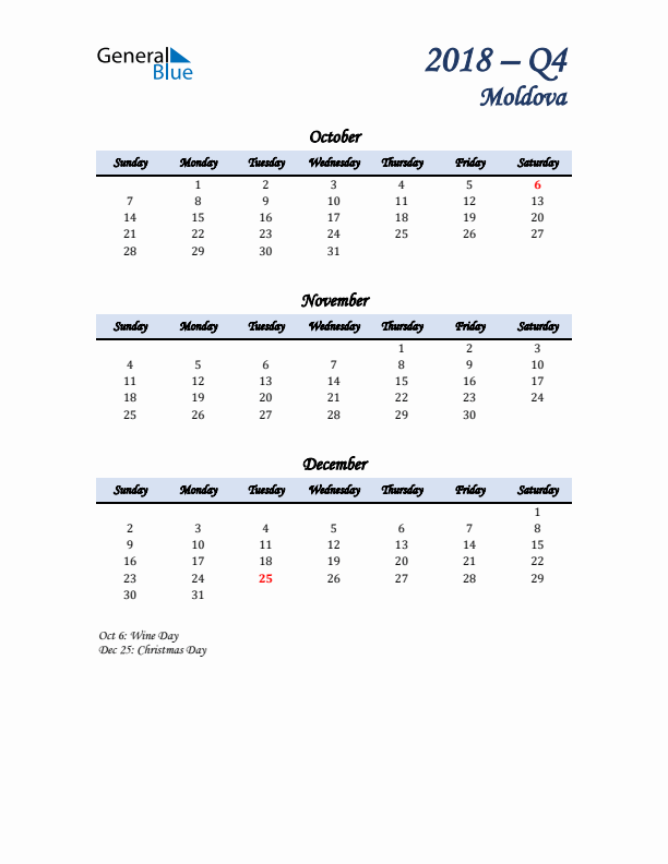 October, November, and December Calendar for Moldova with Sunday Start