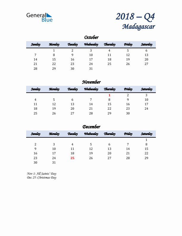 October, November, and December Calendar for Madagascar with Sunday Start