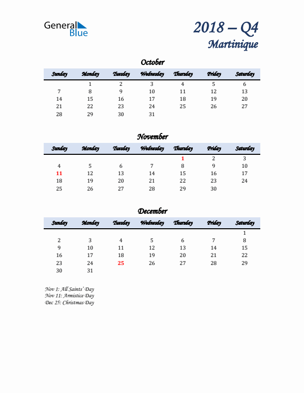 October, November, and December Calendar for Martinique with Sunday Start