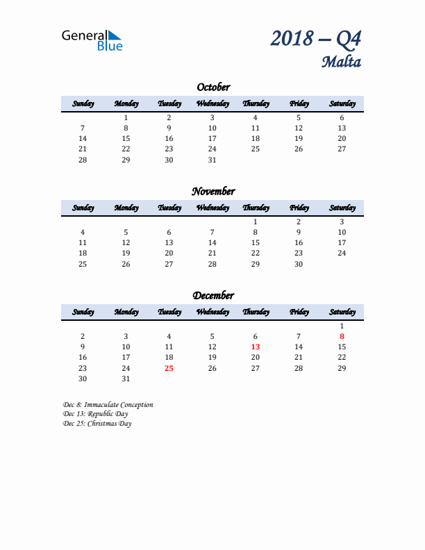 October, November, and December Calendar for Malta with Sunday Start