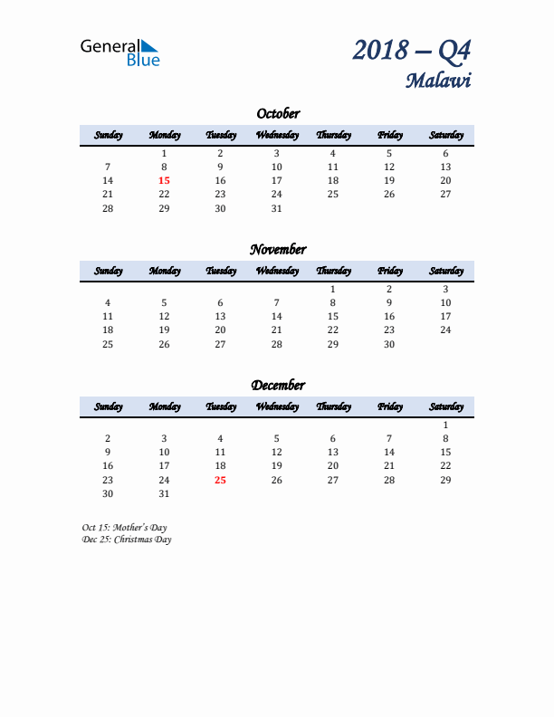 October, November, and December Calendar for Malawi with Sunday Start