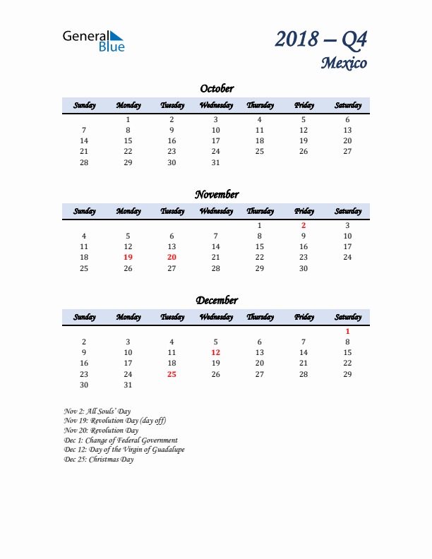 October, November, and December Calendar for Mexico with Sunday Start