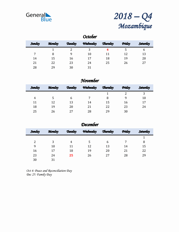 October, November, and December Calendar for Mozambique with Sunday Start